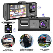 Dash Cam 1080P, IR, 3 Caméras, Enregistrement Boucle