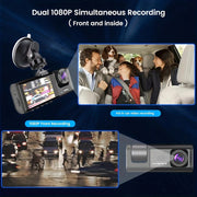Dash Cam 1080P, IR, 3 Caméras, Enregistrement Boucle